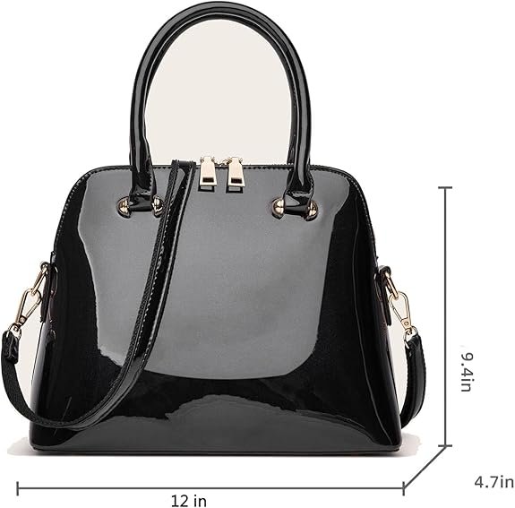 Patent Leather Dome Satchel – Shiny Zip Shoulder Bag - Image 4